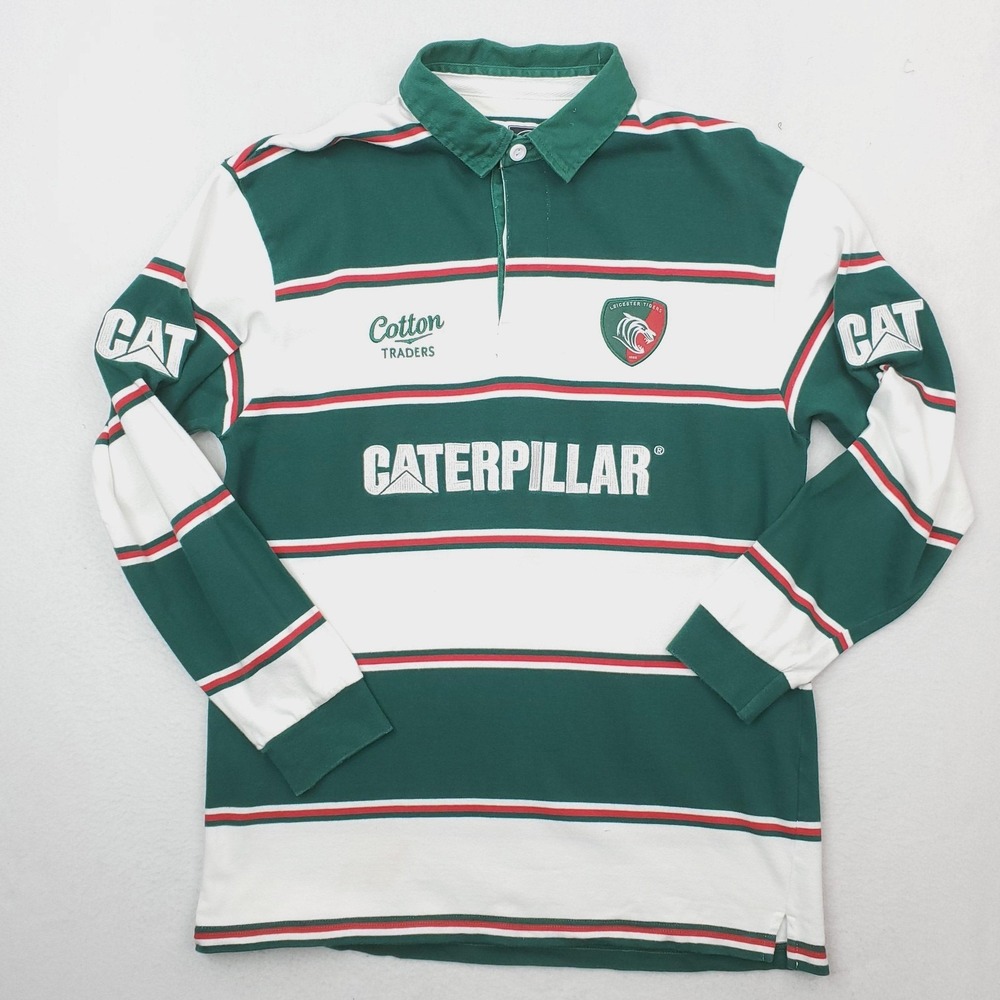 Leicester Tigers Jersey Mens Large Green White Cotton Traders Rugby Caterpillar